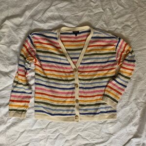 Talbots knit sweater, size LP, rainbow striped, cardigan, cotton, long-sleeve
